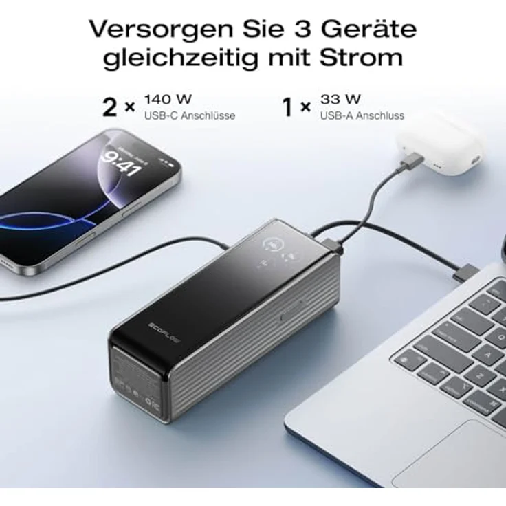 EF ECOFLOW Rapid Powerbank 25 000 mAh 170 W, tragbares Ladegerät mit 2 × 140 W USB-C-Anschlüssen, Silber – Bild 4