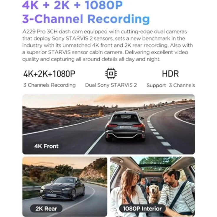 VIOFO A229 PRO 3-Kanal 4K + 2K + 1080P HDR Auto Armaturenbrett-Kamera mit Starvis 2 Sensoren (A229 PRO 3CH) – Bild 2
