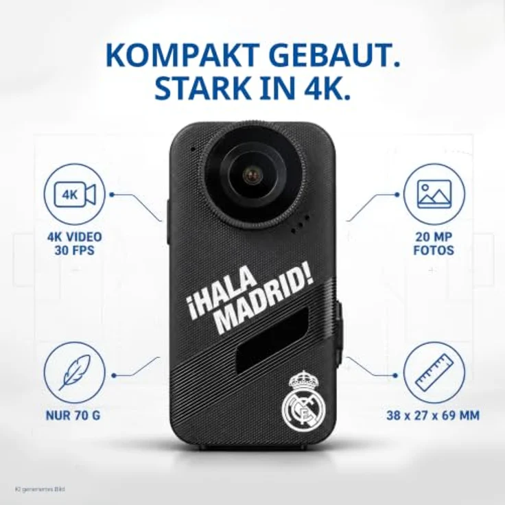 Real Madrid Action-Kamera 4K, Touchscreen, EIS, wasserfest, Sony Sensor, WLAN, 20 MP, MicroSD bis 256 GB, inkl. Fernbedienung – Bild 3