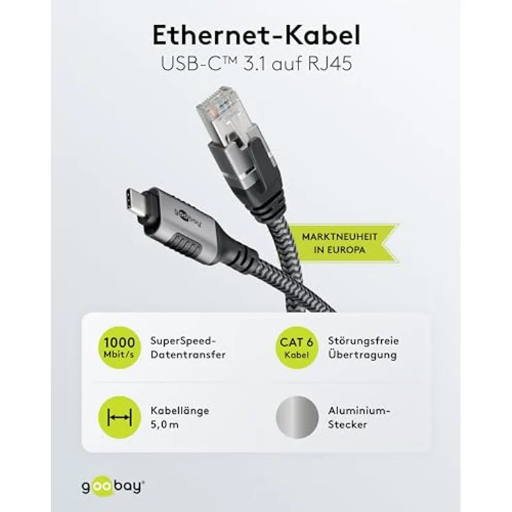 Goobay 70752 USB-C auf RJ45 Ethernet CAT 6 Kabel für stabile kabelgebundene Internetverbindung mit Router/Modem/Netzwerk Switch/Ersetzt USB auf RJ45 Adapter / 1 Gbit/s / 5 Meter – Bild 5