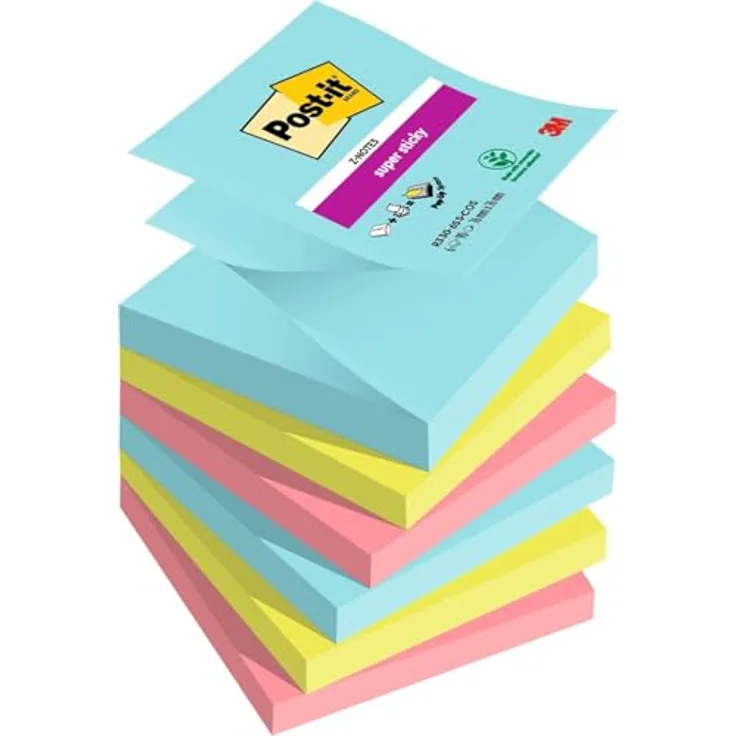 Post-it® Haftnotiz Super Sticky Z-Notes Miami R33, 76 x 76 mm, 90 Bl./Block, 2 x türkis, 2 x neongrün, 2 x mohnrot