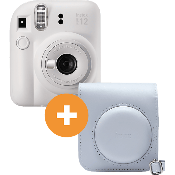 FUJIFILM INSTAX mini 12 Travel Set, Sofortbildkamera mit kompaktem Design, Clay White
