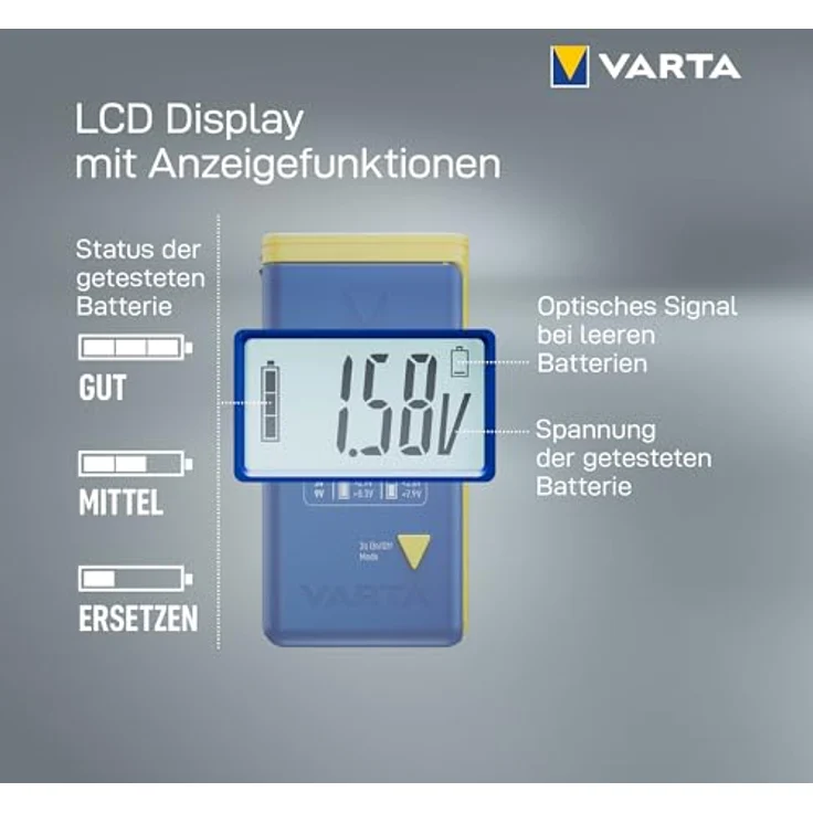Varta LCD Battery Tester, geeignet für 9V, AA, AAA, C, D, Alkali, Lithium-Ion (Li-Ion), Nickel-Metallhydrid (NiMH), blau und gelb – Bild 7