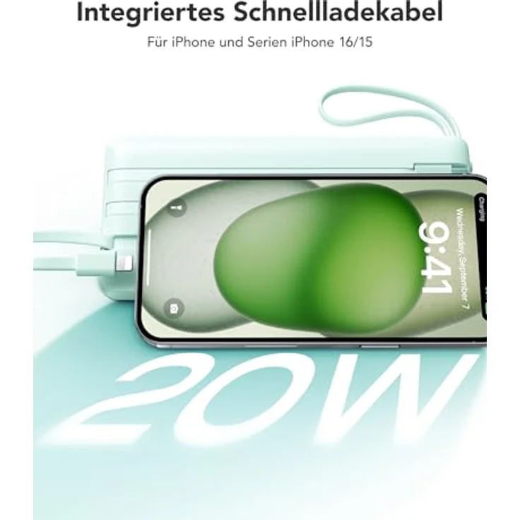 VRURC Powerbank 20000mAh, Tragbares Ladegerät mit 4 integrierten Kabeln, USB-C, Schnellladung 22.5W, LED Display, kompatibel mit iPhone und Huawei – Bild 5