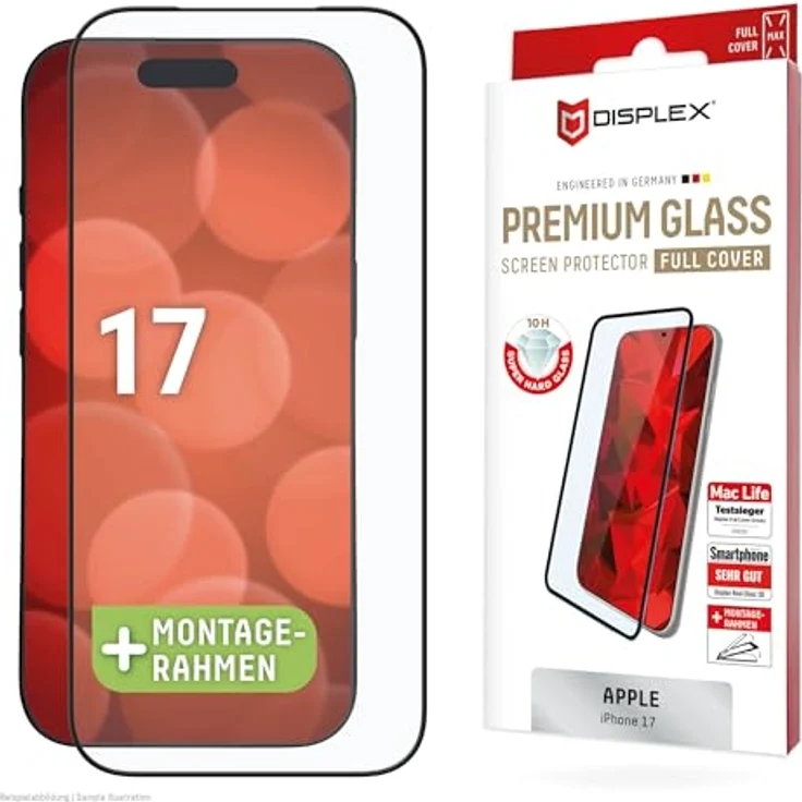 Displex Premium Schutzglas (Full Cover, 10H) für iPhone 17/17 Pro, Blasenfreie Montage mit Eco-Montagerahmen, Kratzer- und Aufprallschutz – Bild 1
