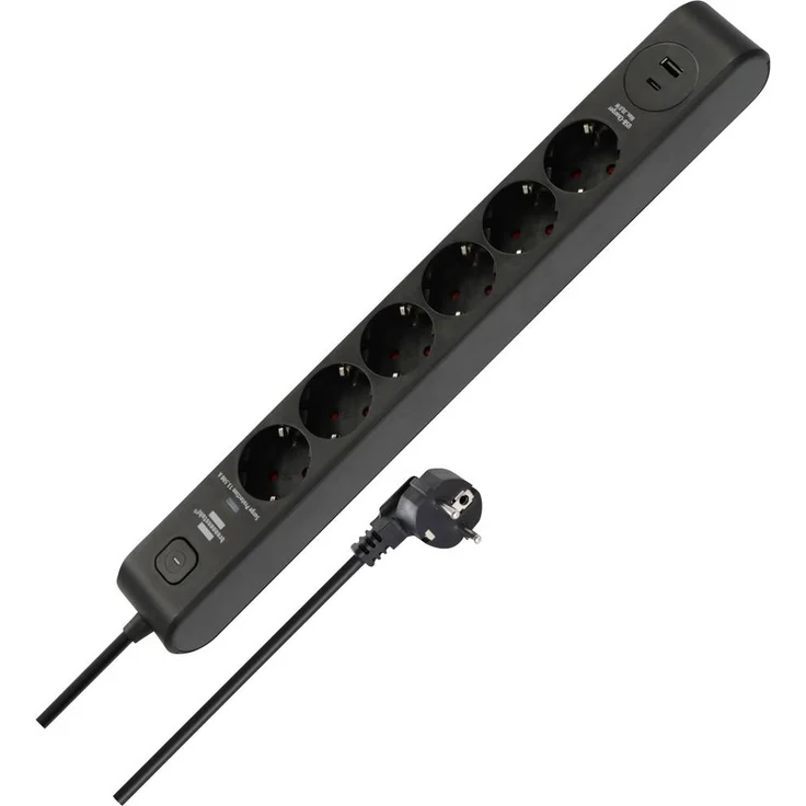 Brennenstuhl 1150790602 Steckdosenleiste Schwarz/Anthrazit, 6 Schutzkontakt-Steckdosen mit USB A und Typ C PD 20W Ladefunktion