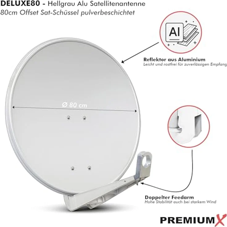 PremiumX DELUXE80 Satellitenschüssel 80 cm, Aluminium, hellgrau, FullHD 4K UltraHD, hohe Empfangsleistung, einfache Montage – Bild 2