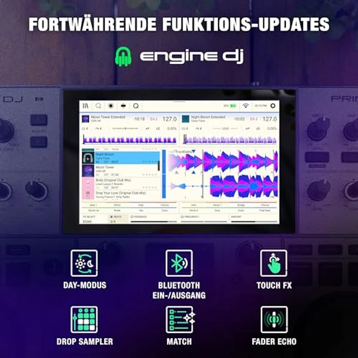 Denon DJ PRIME GO+, tragbarer DJ Controller und Mischer, WLAN-Streaming, Bluetooth, Lichtsteuerung, 7-Zoll Touchscreen, Akkubatterie – Bild 4