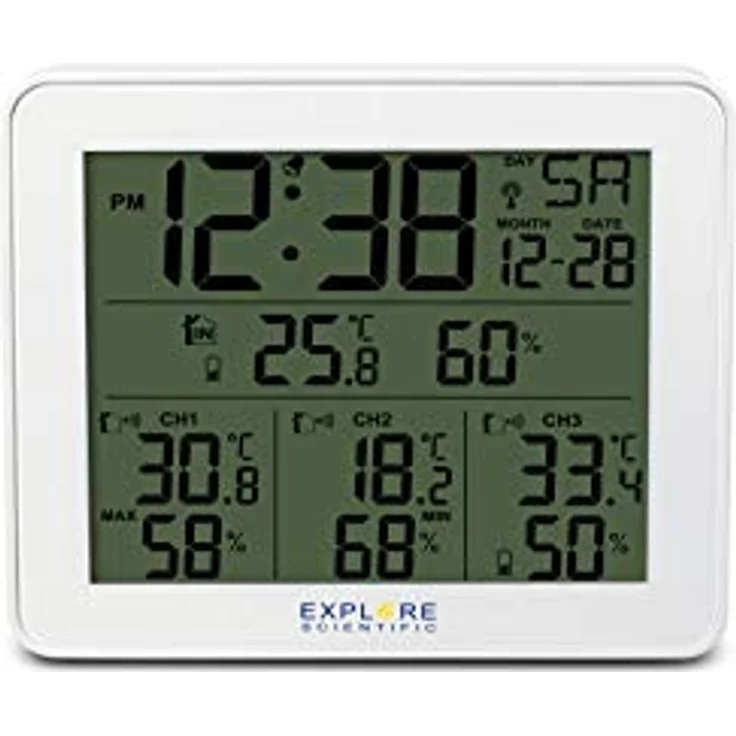 Explore Scientific WSH4003 Funk-Wetterstation mit Alarm, blaues Display mit Hintergrundbeleuchtung mit Temperatur/Luftfeuchtigkeit in/ext, historischer Datenspeicher, 3 Sensoren inklusive, weiß – Bild 1