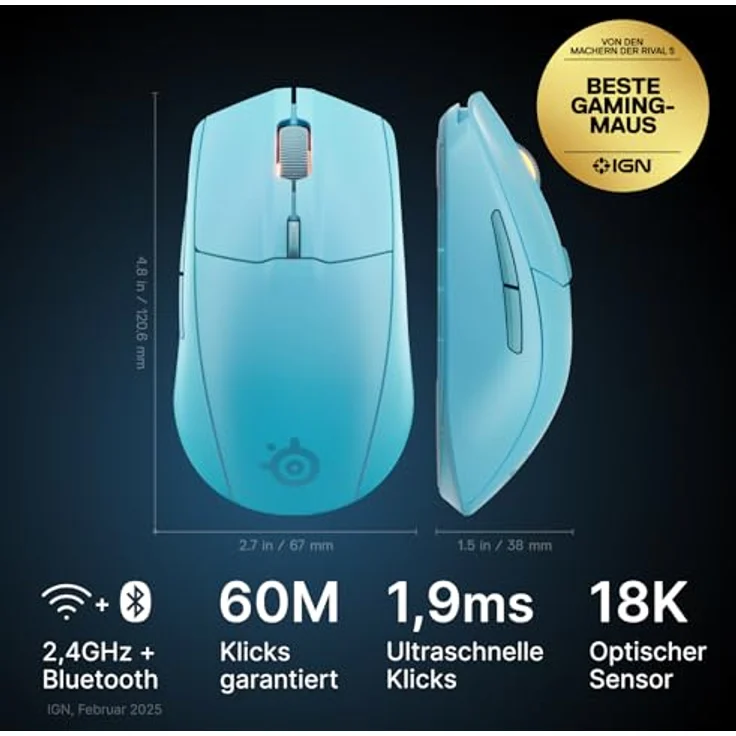 SteelSeries Rival 3 Wireless Gen 2 Gaming-Maus, 2,4 GHz und Bluetooth, 18.000 dpi TrueMove Air-Optiksensor, 60 Mio. Klicks garantiert, ultraleicht, PTFE-Gleitfüße, aqua – Bild 2