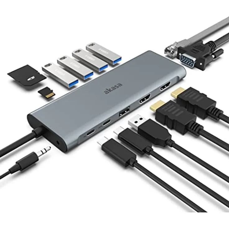 Akasa USB Type-C 14-in-1 Dock | Dual 4K HDMI, 1080P VGA, 2 Type-C Ports, 3 USB 3.2, 2 USB 2.0, Ethernet, SD/Micro Kartenleser, Audio-Buchse | 60W PD | Space Grey | AK-CBCA28-18BK