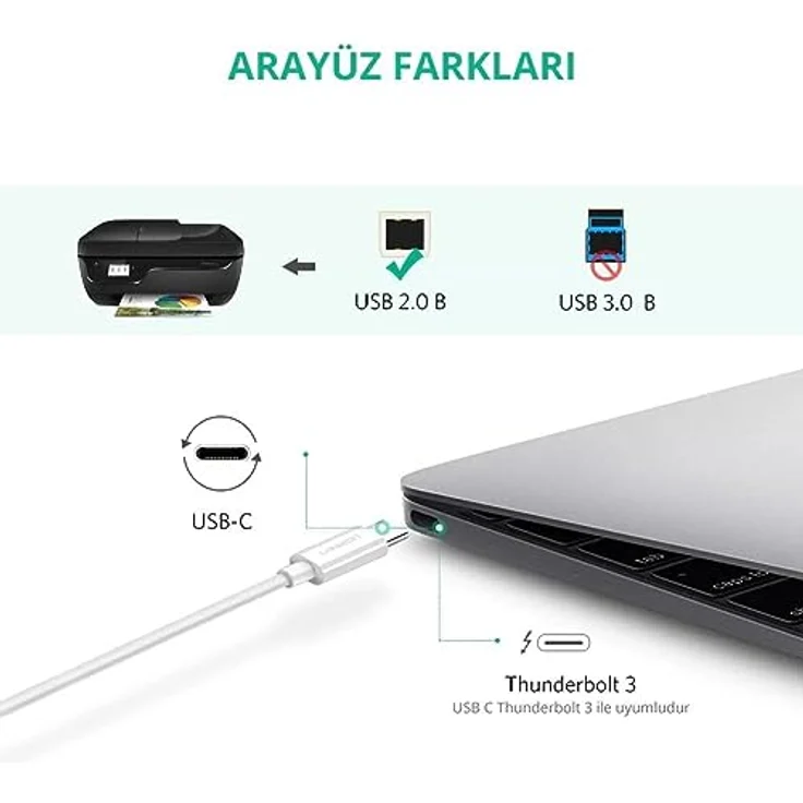 UGREEN Type-C USB B BB-Brenner Kabel, 1.5 Meter, 480Mbps Datenübertragungsrate, weiß – Bild 2