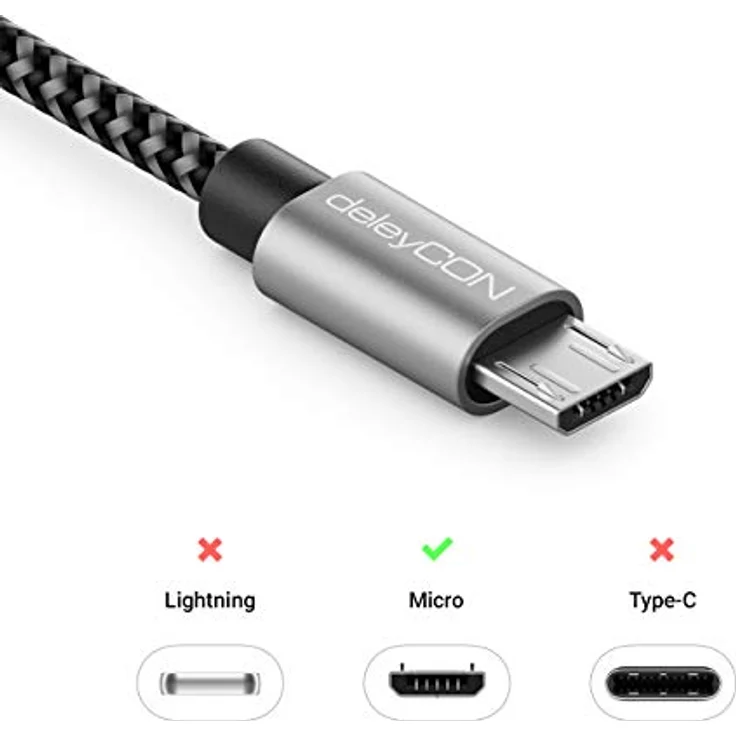 deleyCON 0,30m Nylon Micro USB Kabel, Ladekabel & Datenkabel mit Metallstecker, bis zu 2,1 Ampere, für Handy, Smartphone und Tablet – Bild 6