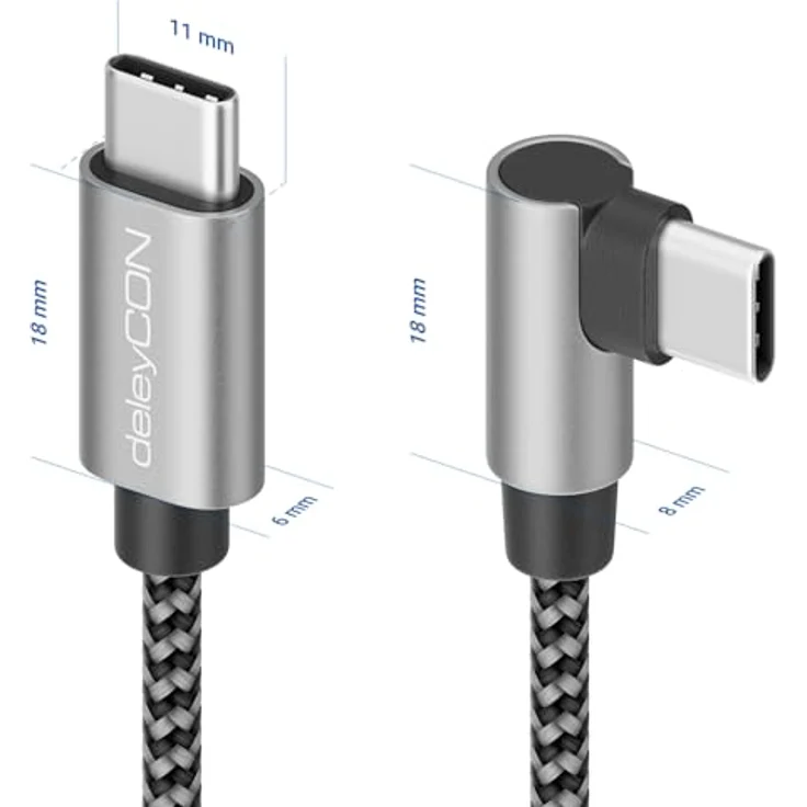 deleyCON 1,5m USB C Kabel 90° Gewinkelt PD3.0 (60W Schnellladekabel) C auf C, Grau-Schwarz, für iPhone 16/15 Pro Max, Samsung Galaxy S25/S24/S23/S22, Pixel, iPad Pro, MacBook Air, Tablets, Switch, PS5 – Bild 2