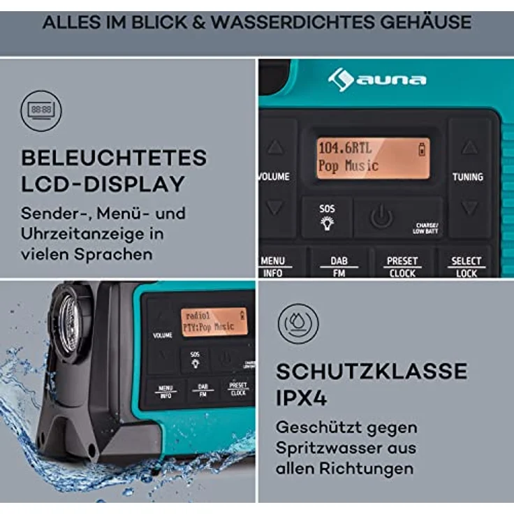 Auna Patagonia DAB+, Aufladbares DAB-Radio mit Bluetooth, LCD Display, Wecker, Akku und USB-Anschluss, Retro-Design, kompakt, wasserfest – Bild 5