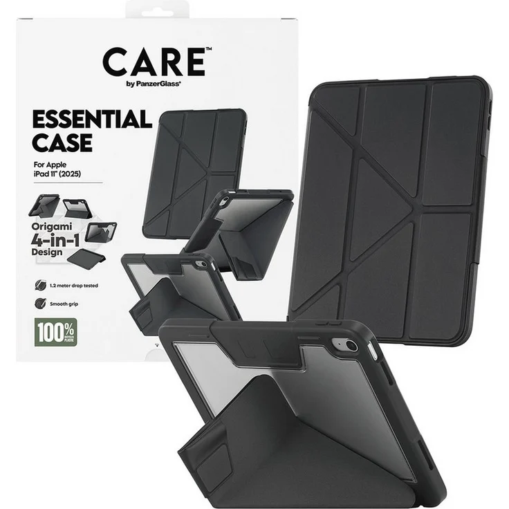 CARE by PanzerGlass Essential Case für iPad 11" (2025), stoßfeste Tablet-Hülle mit 5-in-1 Origami-Design, integrierter Apple Pencil Halterung, recycelte Materialien