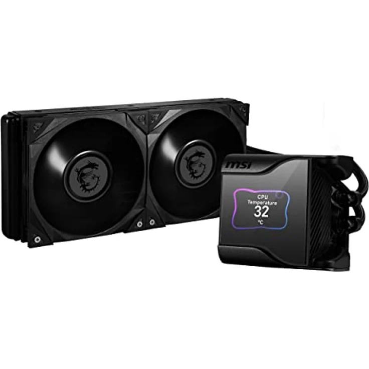 MSI MEG CORELIQUID S280 AIO CPU-Wasserkühlung, 2.4 Zoll IPS Display, 7th Gen Asetek Pumpe, VRM Lüfter, 2x Silent Gale P14 Lüfter, verdampfungssichere Schläuche, MSI Center, AMD & Intel Kompatibel – Bild 1