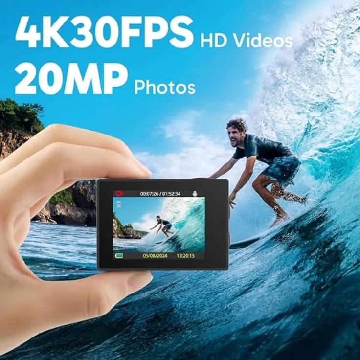 AKASO EK7000, 4K 30FPS Unterwasserkamera mit 20MP, WiFi, EIS Stabilisierung, 170° Weitwinkel und 4X Zoom, Schwarz, 2x1050mAh Akkus – Bild 2