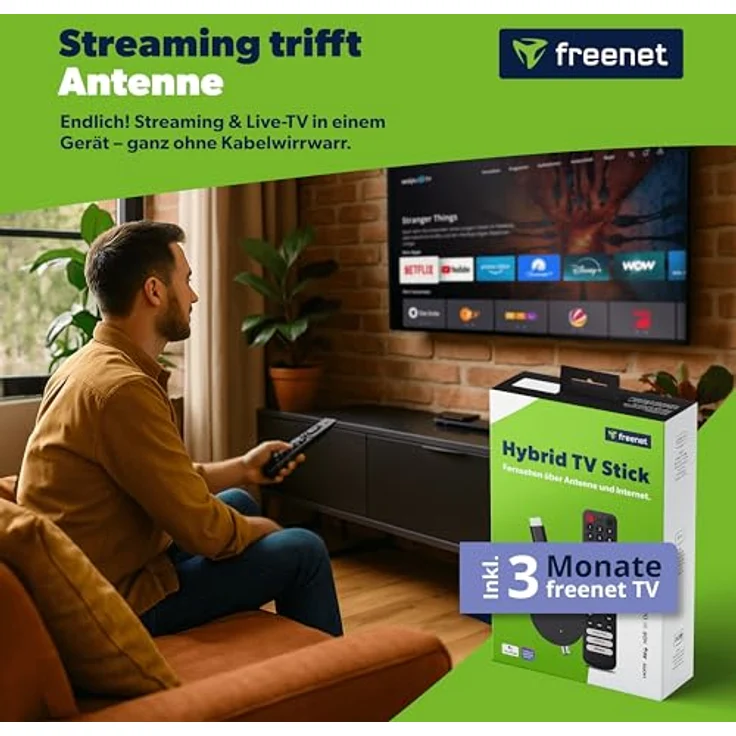freenet TV Hybrid TV Stick, DVB-C/T2 & Streaming, 4K UHD, Android TV 12, WLAN HDMI mit Chromecast, 3 Monate freenet TV – Bild 2