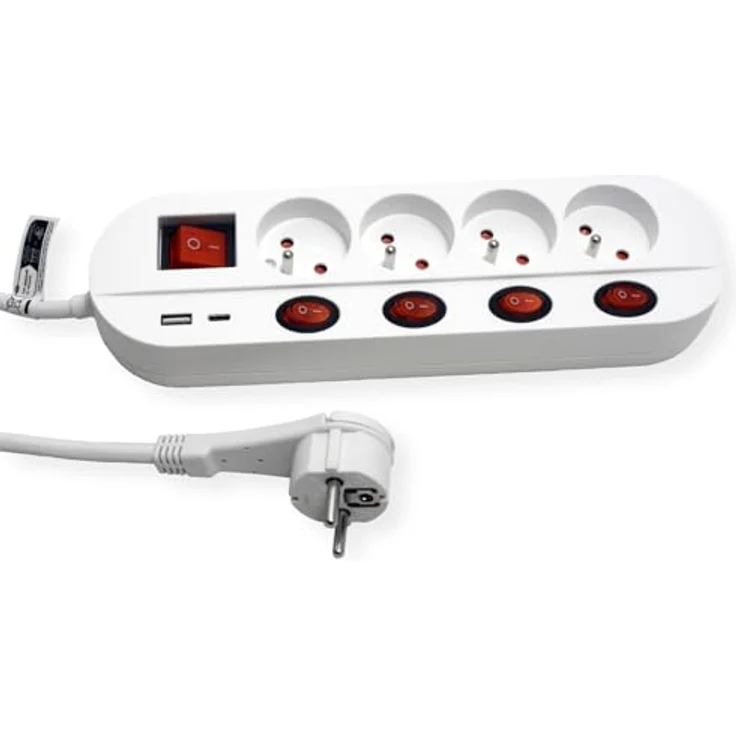 ROLINE 4-fach Steckdosenleiste, UTE Version mit Schalter, 3 m Kabel, 2x USB-Charger A+C, weiß, einzeln schaltbare Steckdosen – Bild 3
