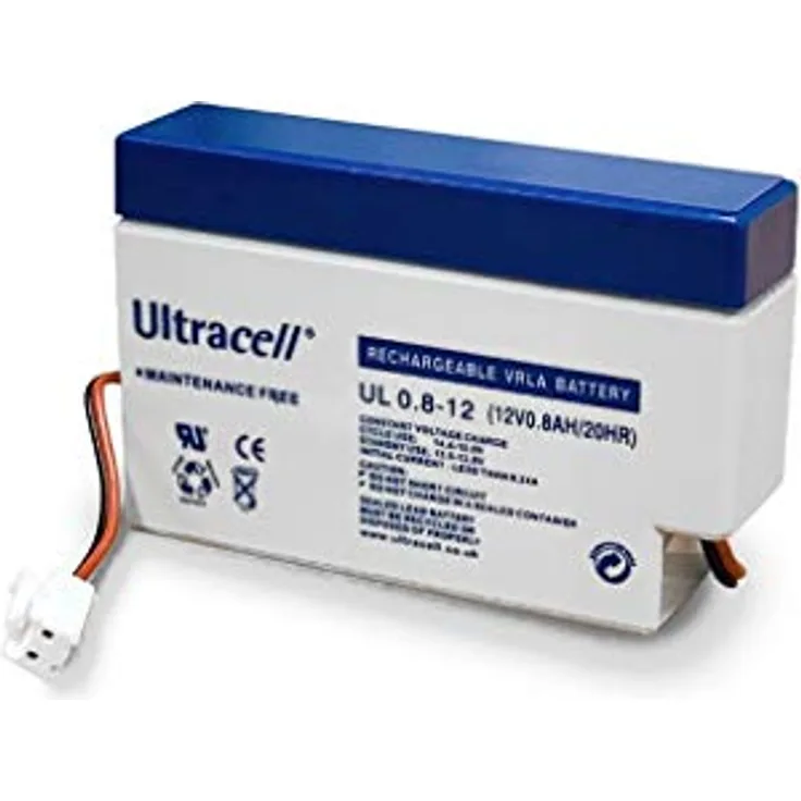 Ultracell UL0.8-12, Blei Akku 12 Volt 0,8Ah mit Kabel und AMP-Stecker, wartungsfrei, langlebige ABS-Hülle