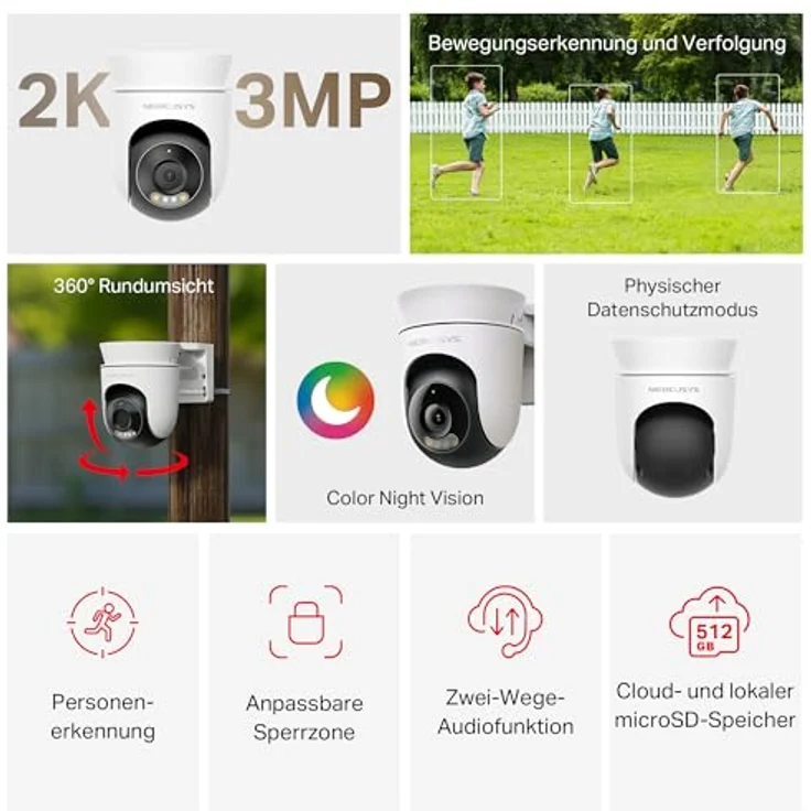 MERCUSYS MC510 2K WLAN Überwachungskamera Außen, 360° Schwenk-/Neige, Farbige Nachtsicht, Personenerkennung, Zwei-Wege-Audio, Wetterfest, microSD bis 512 GB – Bild 2