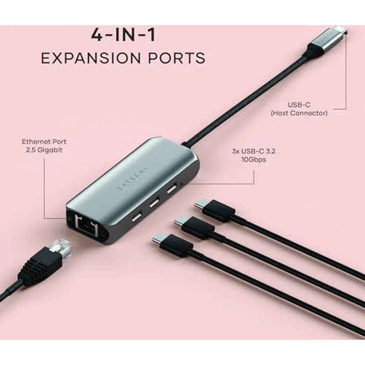SATECHI USB-C Ethernet Adapter 2,5 Gigabit, 4-in-1 USB-C Netzwerkadapter mit erhöhter Geschwindigkeit, inklusive 3 USB-C 3.2 Ports - Aluminiumgehäuse, für Mac, iPad, Windows, Android, Chrome – Bild 2