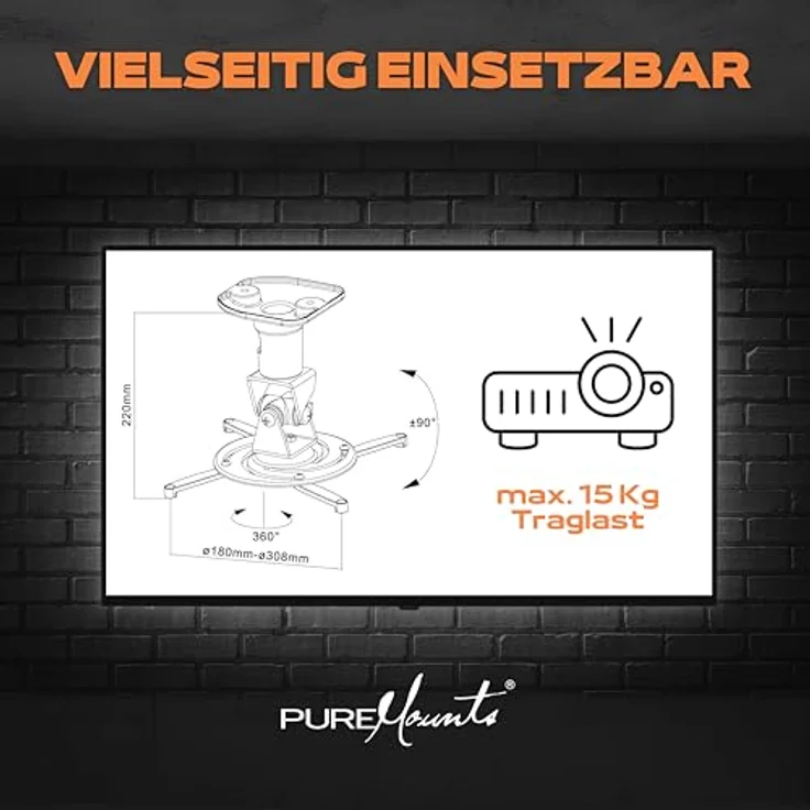 PureMounts PM-SPIDER-PLUS-S Beamer Deckenhalterung, neigbar 25°, drehbar, Deckenabstand: 225mm, Traglast max. 15kg, Lochabstand 180-310mm, silber – Bild 5