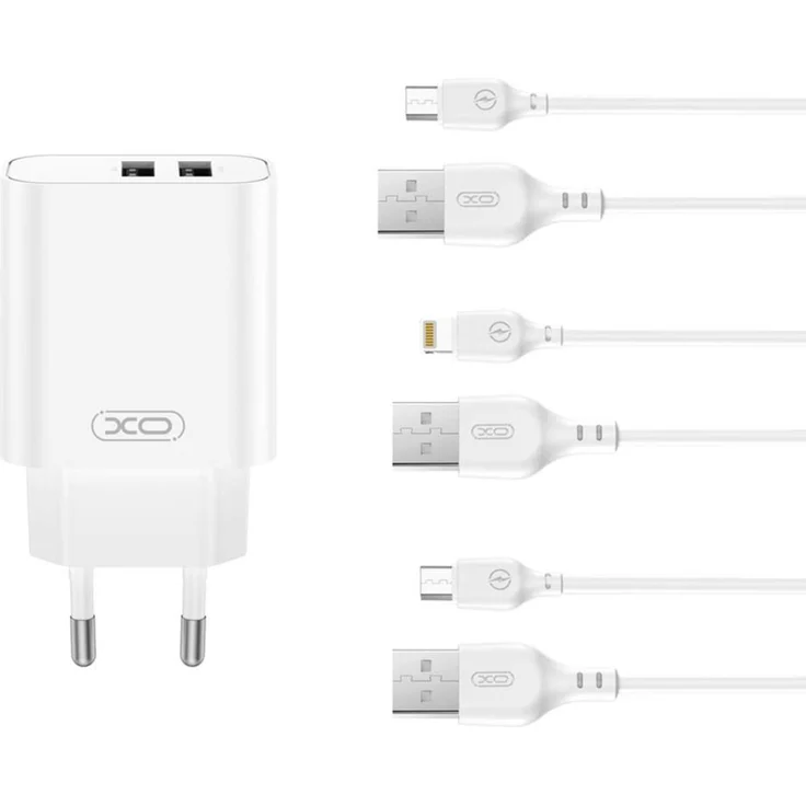 XO CE34 2x USB Wandladegerät 12W mit iPhone Kabel, weiß, ideal für gleichzeitiges Laden von zwei Geräten, kompakt und reisetauglich