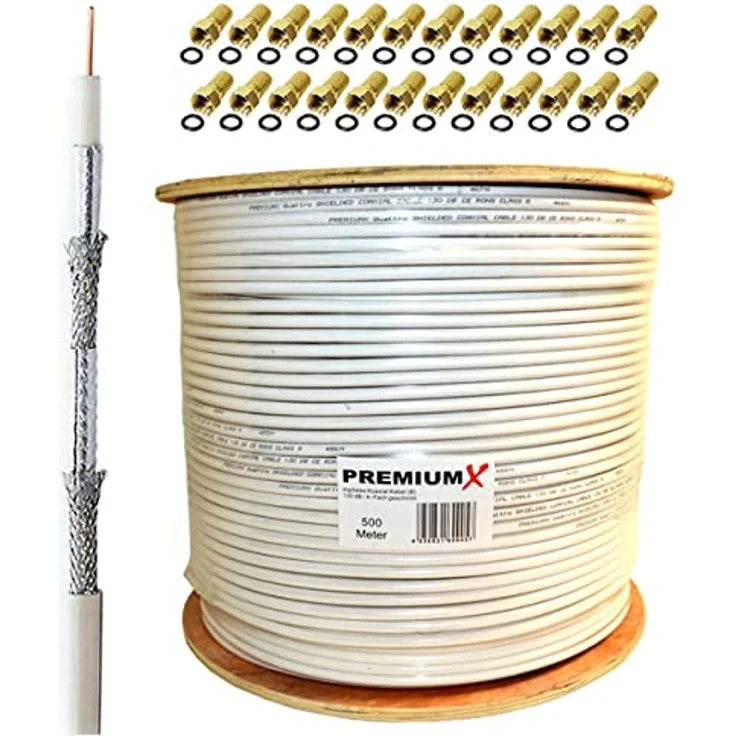 Premium X Koaxialkabel RG-6, 500m 135dB 4-fach SAT Antennenkabel mit 24 F-Steckern, UV-beständig – Bild 1