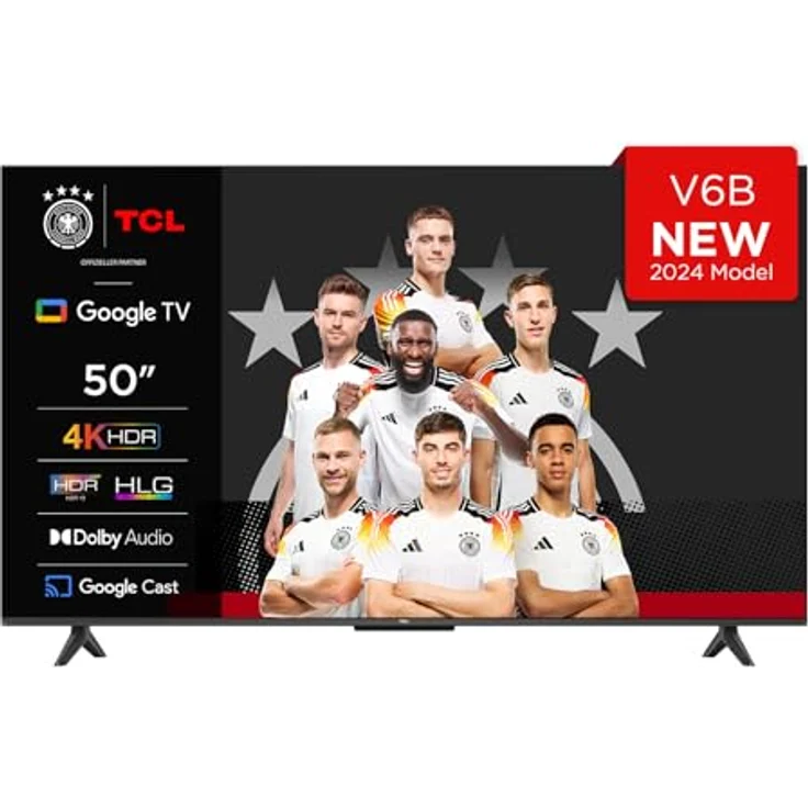 TCL 50V6B 50 Zoll 4K Ultra HD HDR TV, Smart TV mit Google TV (Dolby Audio, Motion Clarity, Sprachsteuerung, Kompatibel mit Google Assistant, Chromecast eingebaut) in Schwarz – Bild 1