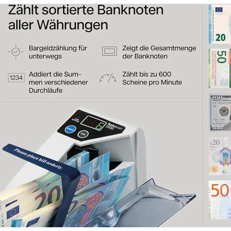 Safescan 2000 Tragbare Geldzählmaschine, zählt sortierte Banknoten aller Währungen, schnell mit 600 Scheinen/Minute, zwei Stromversorgungsoptionen, Taschenformat – Bild 3