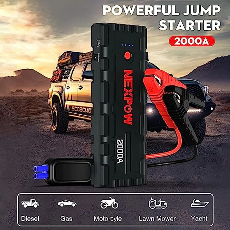 NEXPOW Starthilfe Powerbank, 2000A Spitzenstrom Auto Starthilfe, 12V Tragbarer Batterie Booster mit USB-Schnellladung 3.0 (bis zu 7,0L Benzin oder 6,5L Diesel) Safe Batteriestarter LED-Licht – Bild 2