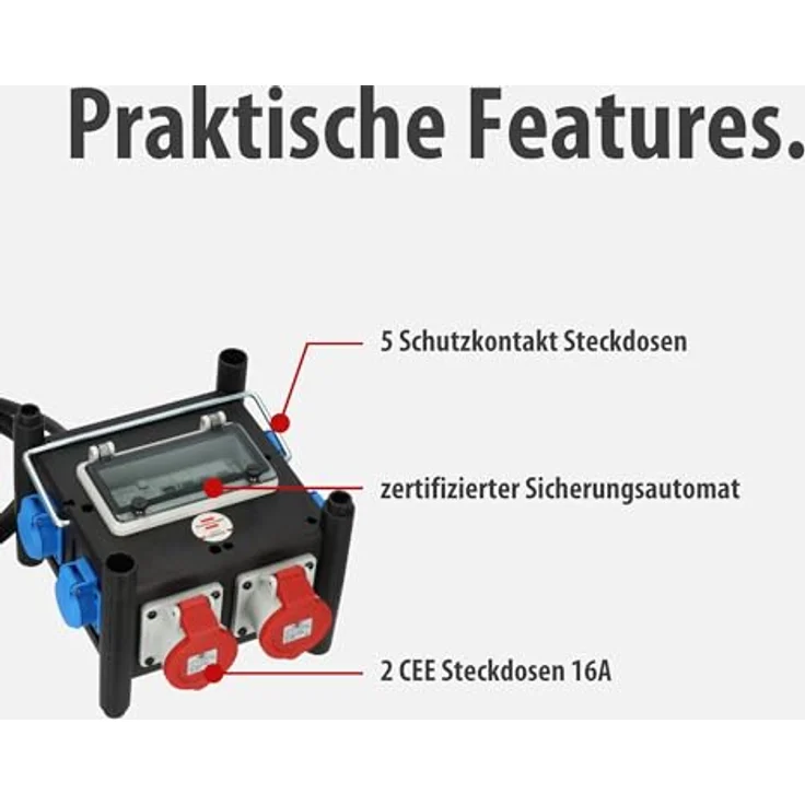 Brennenstuhl Kompakter Gummi-Baustromverteiler BSV 3 IP44 mit FI-Schutzschalter Typ B, 2X CEE 400V/16A, 5X 230V/16A, 2m ölbeständiges RN-Kabel, Made in Germany – Bild 3