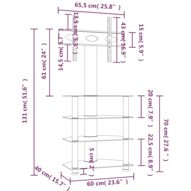 vidaXL TV Eckregal, TV Schrank mit 4 Ablagen, ±25° Schwenkbar TV Ständer Regal für 32-70 Zoll, TV Konsole Fernsehtisch Eckschrank, Schwarz Silbern – Bild 4