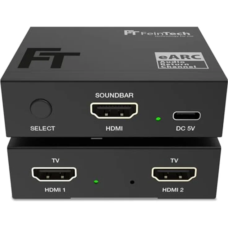 FeinTech AX420 HDMI eARC Switch 2 TV x 1 Soundbar - Atmos Unterstützung, automatische Umschaltung, kompatibel zu Sonos, Bose - Schwarz