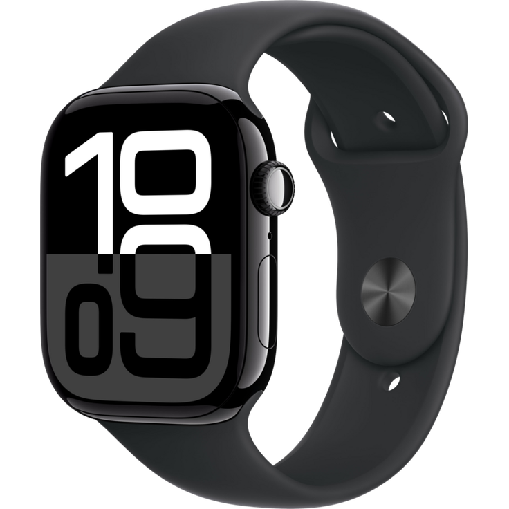 Apple Watch Series 10, 46 mm, GPS, Aluminiumgehäuse Diamantschwarz, Sportarmband Schwarz, S/M – Bild 1
