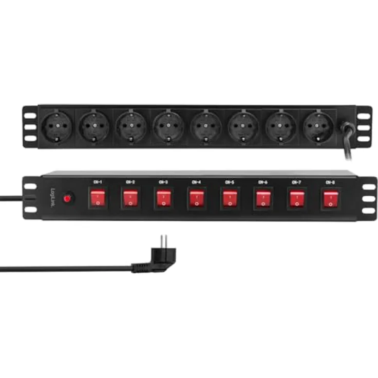 LogiLink PDU8D01, Steckdosenleiste mit 8 einzeln schaltbaren Schutzkontaktsteckdosen, Metallgehäuse, 19-Zoll-Schrankeinbau, CEE, 2 m