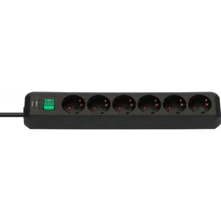 Brennenstuhl Eco-Line, Steckdosenleiste 6-fach (Steckerleiste mit erhöhtem Berührungsschutz, Schalter und 1,5m Kabel) schwarz