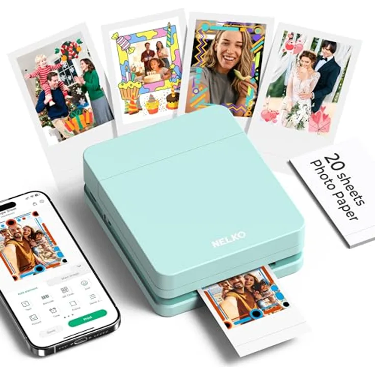 Nelko PP01 Tragbarer Mini Fotodrucker, Hochwertige Farbprints auf klebrigem Fotopapier, Grün