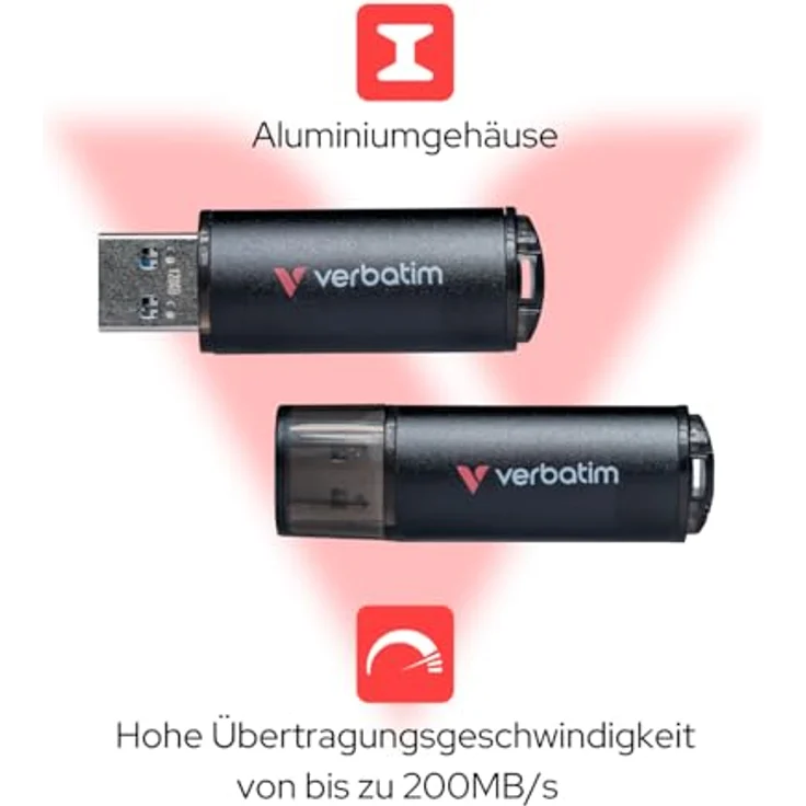 Verbatim USB-Stick V200 Metal, 128 GB, Lesegeschwindigkeit 200 MB/Sek, Schreibgeschwindigkeit 80 MB/Sek, schwarz – Bild 3