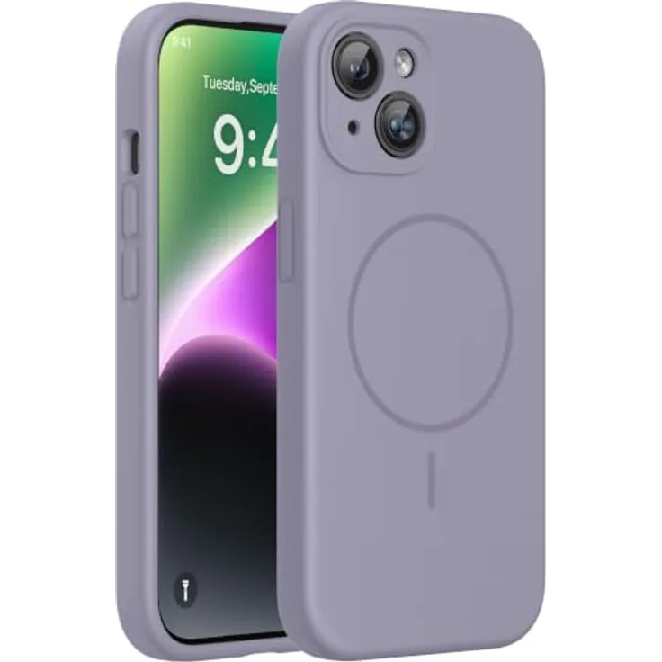 miracase iPhone 14 Hülle mit MagSafe, Flüssigsilikon, kratzfestes Mikrofaser-Innenfutter, stoßfest, Lavendel Grau