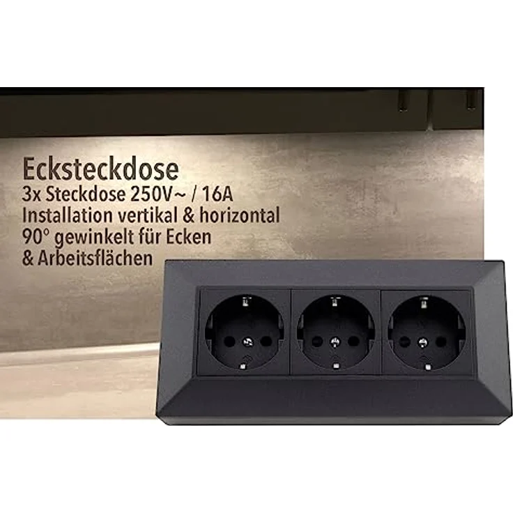 ChiliTec Steckdosenblock Ecksteckdose 3-Fach Mehrfachstecksose Anthrazit, für Küche Büro Werkstatt, Aufbau Unterbau Montage – Bild 5