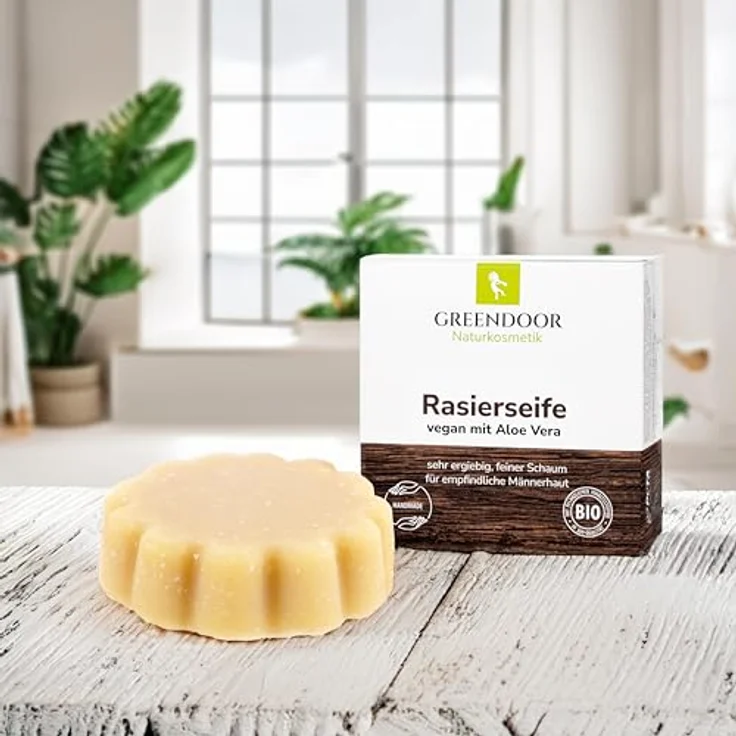 GREENDOOR VEGANE Rasierseife Aloe Vera 80g, cremiger beständiger Schaum, optimale Rasur, Naturkosmetik mit Bio Sheabutter für Herren und Damen, Seife mit extra Pflege, Männer – Bild 4