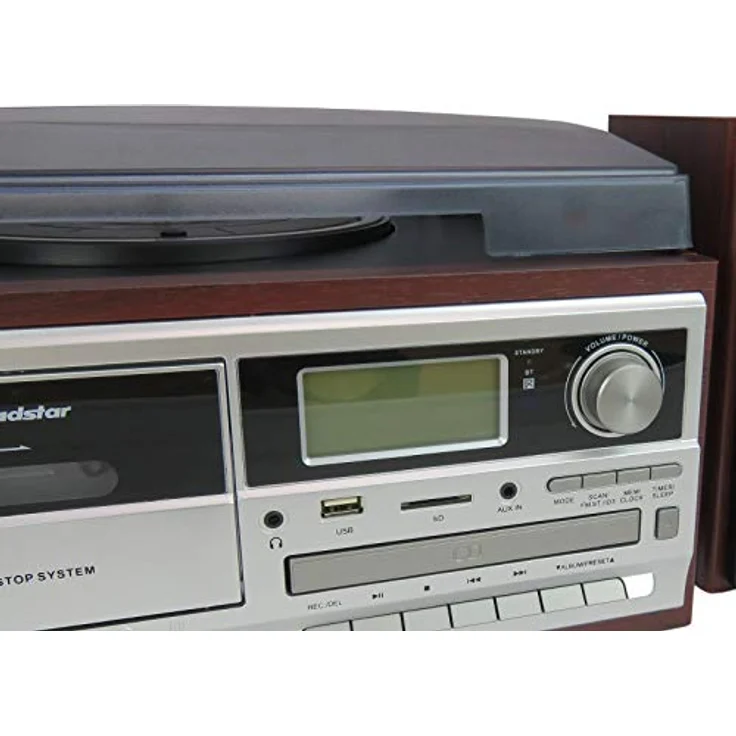 Roadstar HIF-8892EBT Mini-Hi-Fi-Musikanlage Plattenspieler 33/45/78 U/min, PLL FM Digitalradio, CD-MP3-Player, Kassette, Bluetooth, USB, Aufnahmefunktion, SD-Karte, Fernbedienung, Holz – Bild 4