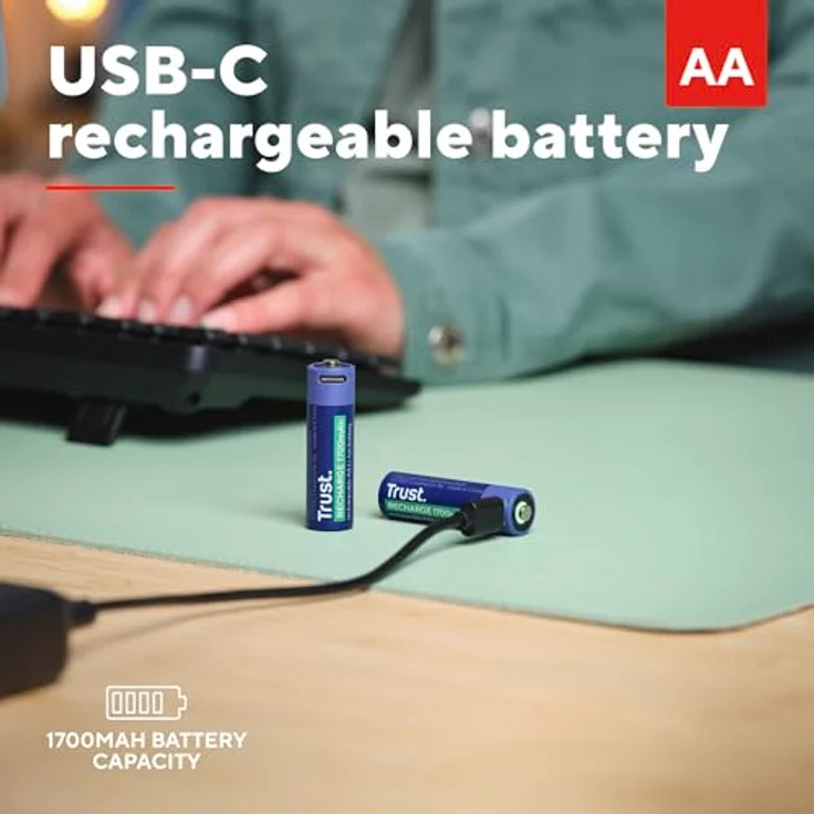 Trust 25584 Wiederaufladbarer Akku AA, 2er-Pack mit 1700 mAh, blaue/grüne Ausführung, USB-C Aufladung – Bild 2