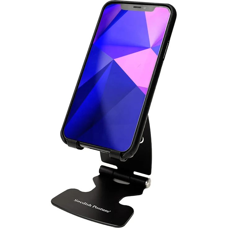 Swedish Posture Ergonomische klappbare Alu Tischhalterung für Smartphone, Schwarz – Verstellbarer, portabler Ständer für optimale Körperhaltung und Freisprechkomfort