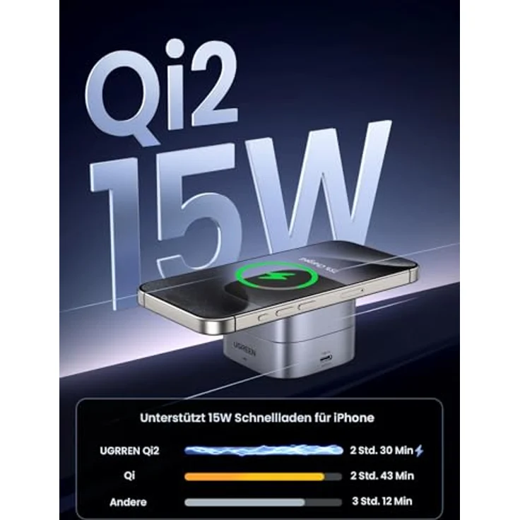UGREEN MagFlow Qi2 zertifizierte 15W 2 in 1 Ladestation mit MagSafe für iPhone 16/15/14/13, AirPods 2/3, faltbar (Schwarz) – Bild 2