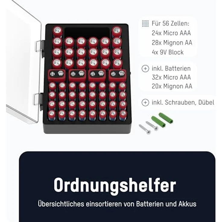 ANSMANN Batteriebox Aufbewahrungsbox für 56 Batterien Akkus mit 32 AAA + 20 Mignon AA Batterien, Wandhalterung, Kunststoff, transparenter Deckel – Bild 3
