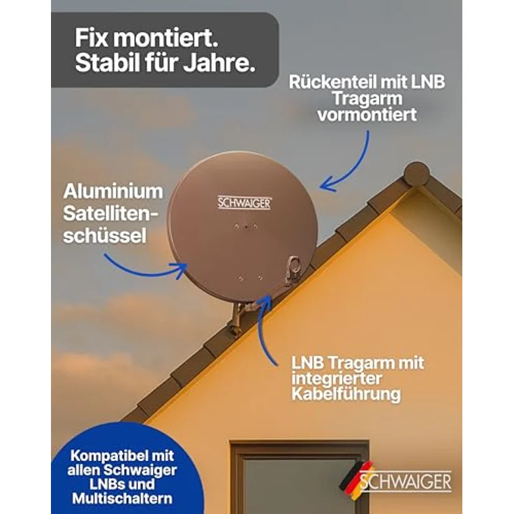 SCHWAIGER 4609 XXL Satelliten-Set, Aluminium Satellitenschüssel 88 x 88 cm mit Quad LNB, 4-Teilnehmer-Anlage, anthrazit – Bild 4